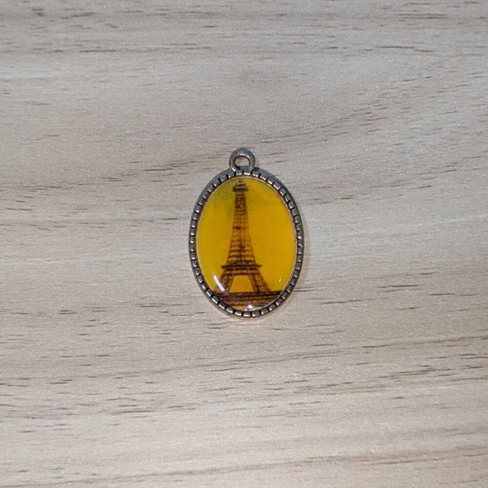 AAI Eiffel Tower Charm Pendant Yellow Cabochon Vintage 90s Style Paris Jewelry
